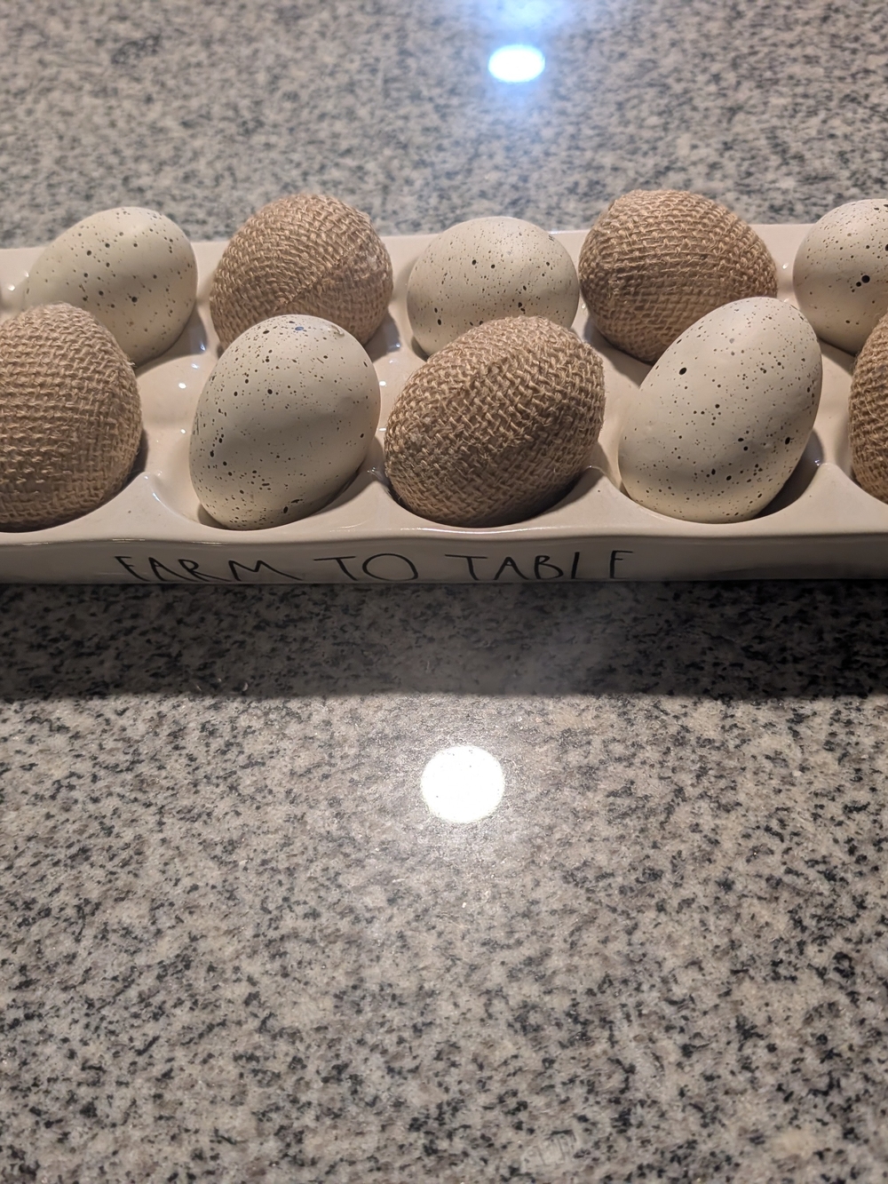 Rae Dunn Ceramic Egg Tray with Speckled White and Burlap-style Eggs